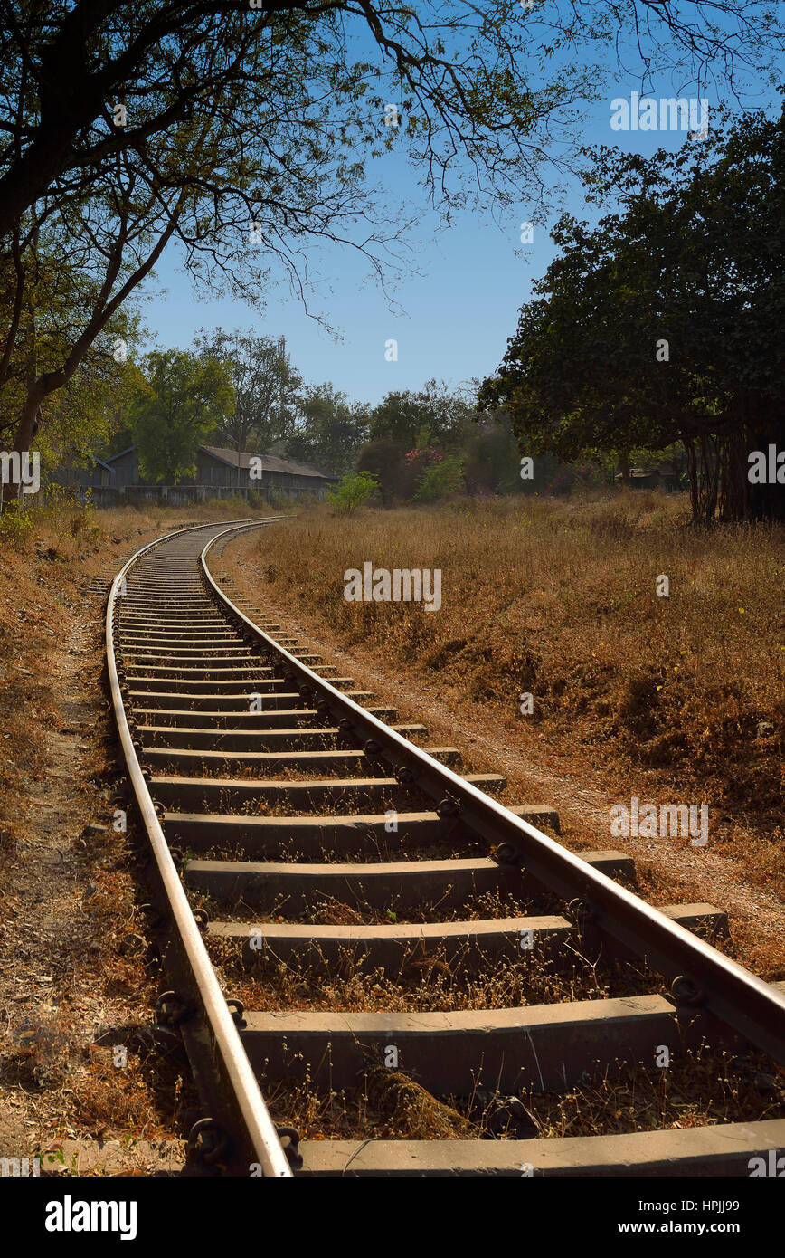 Single Curved Railway Track Stock Photo