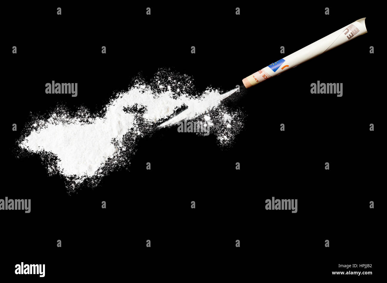 A powder drug like cocaine in the shape of American Samoa with a rolled money bill.(series) Stock Photo