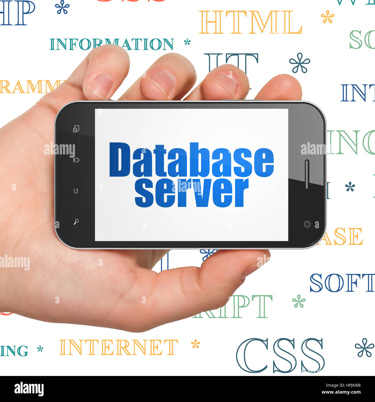Software concept Hand Holding Smartphone with Database Server on
