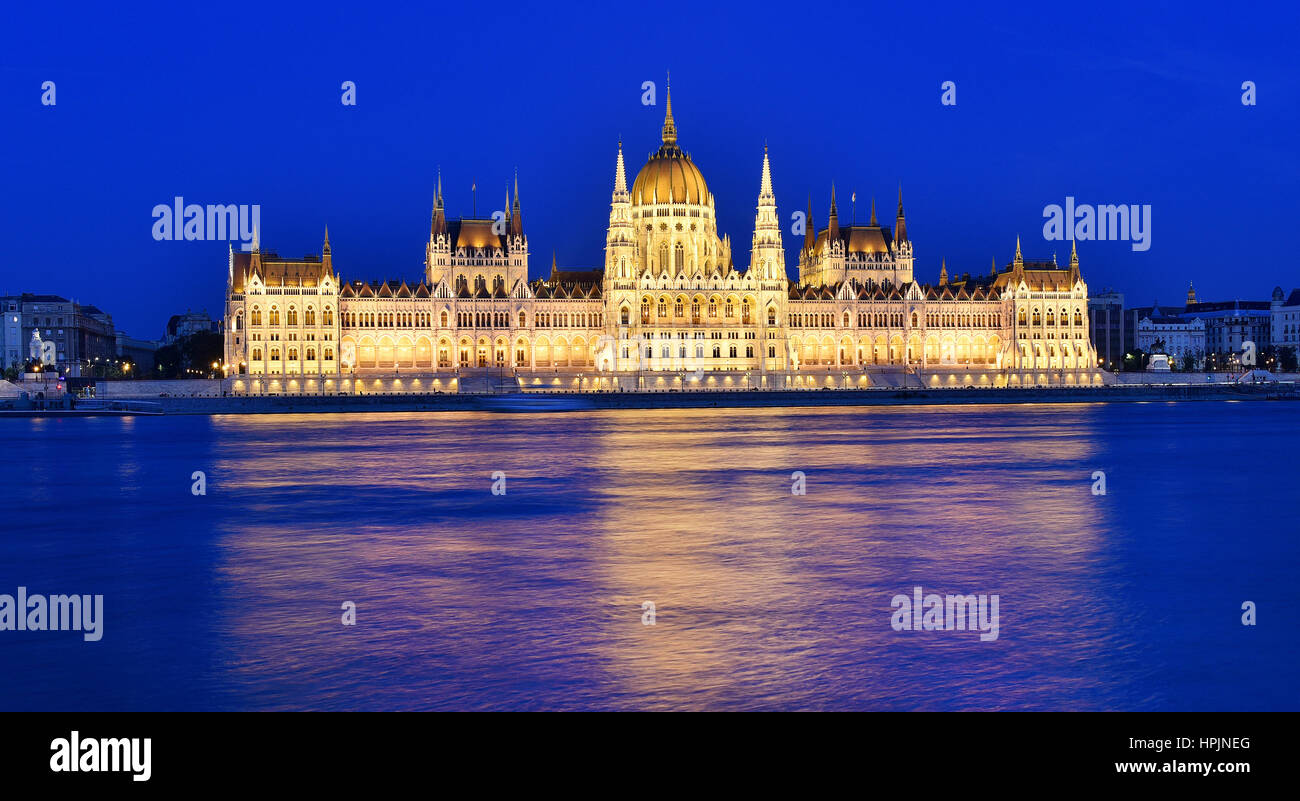Budapest parliament at blue hour near the Danube river Stock Photo
