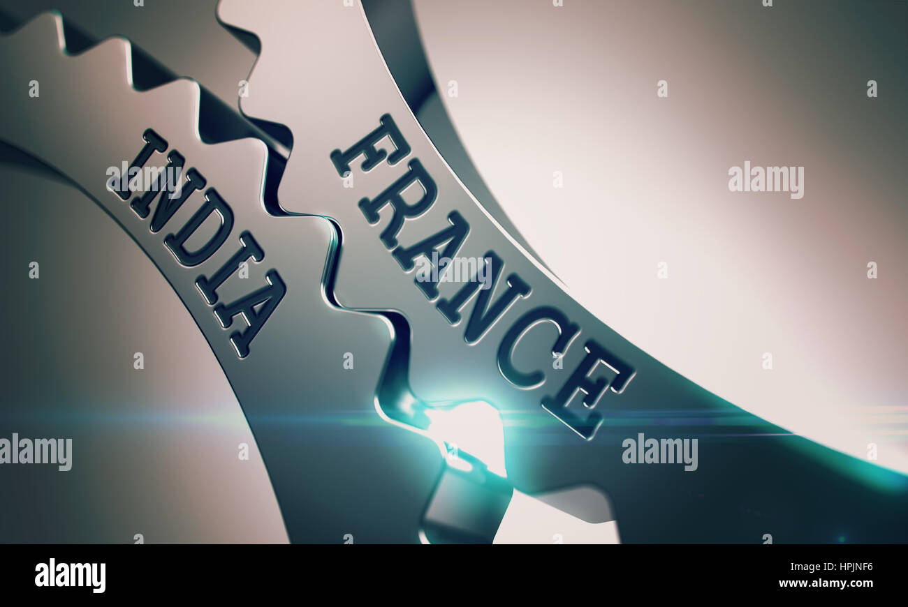 France India - Text on the Mechanism of Metallic Gears. 3D. Stock Photo