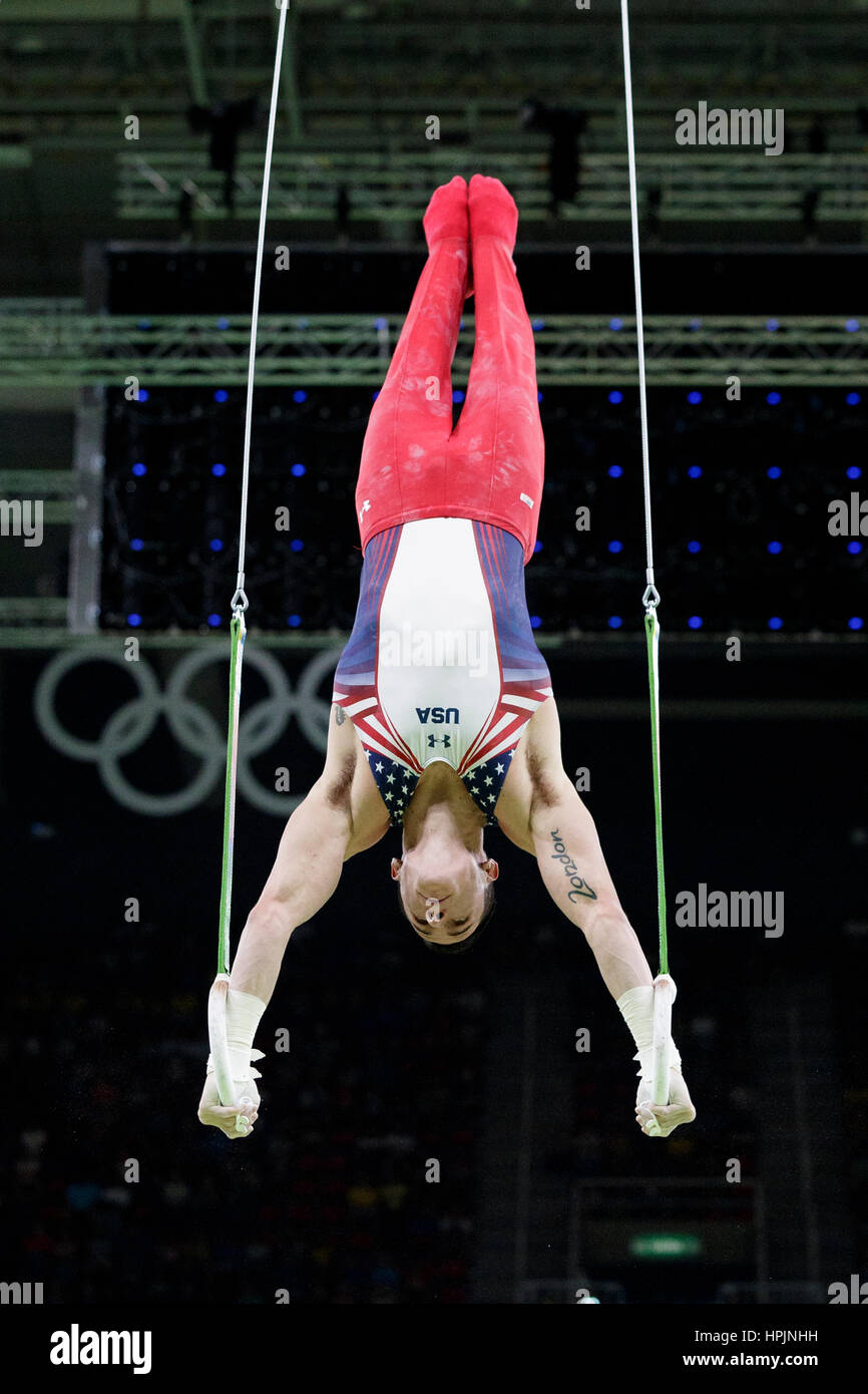 Rio de Janeiro, Brazil. 06 August 2016 Alexander Naddour (USA) performs on the Rings during Men's qualification at the 2016 Olympic Summer Games. ©Pau Stock Photo