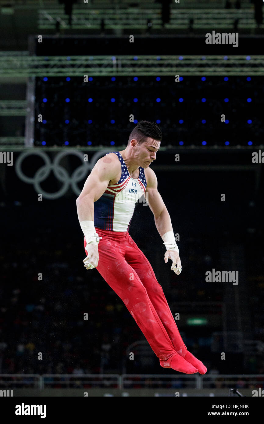 Rio de Janeiro, Brazil. 06 August 2016 Alexander Naddour (USA) performs on the Rings during Men's qualification at the 2016 Olympic Summer Games. ©Pau Stock Photo