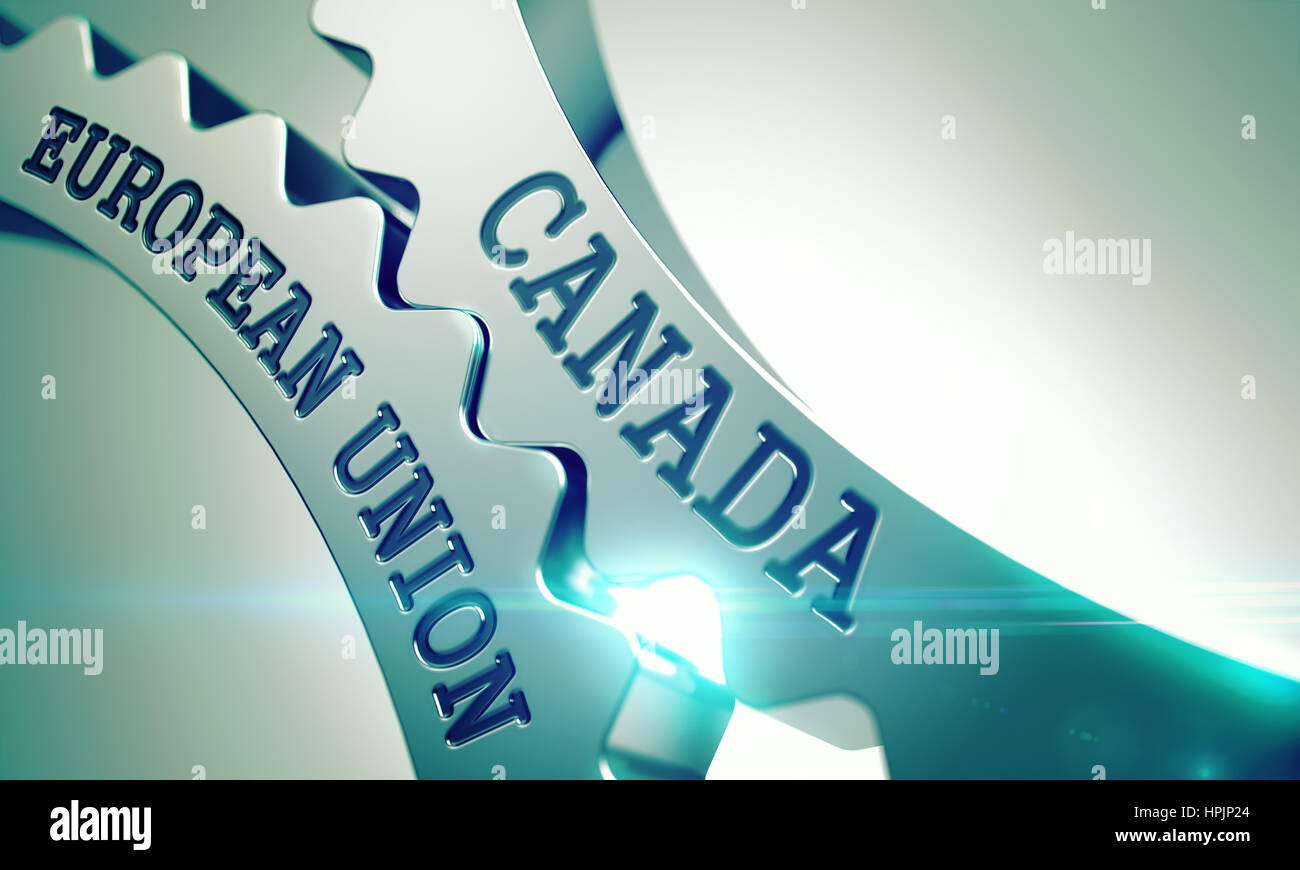 Canada European Union - Inscription on Mechanism of Metal Cogwhe Stock Photo