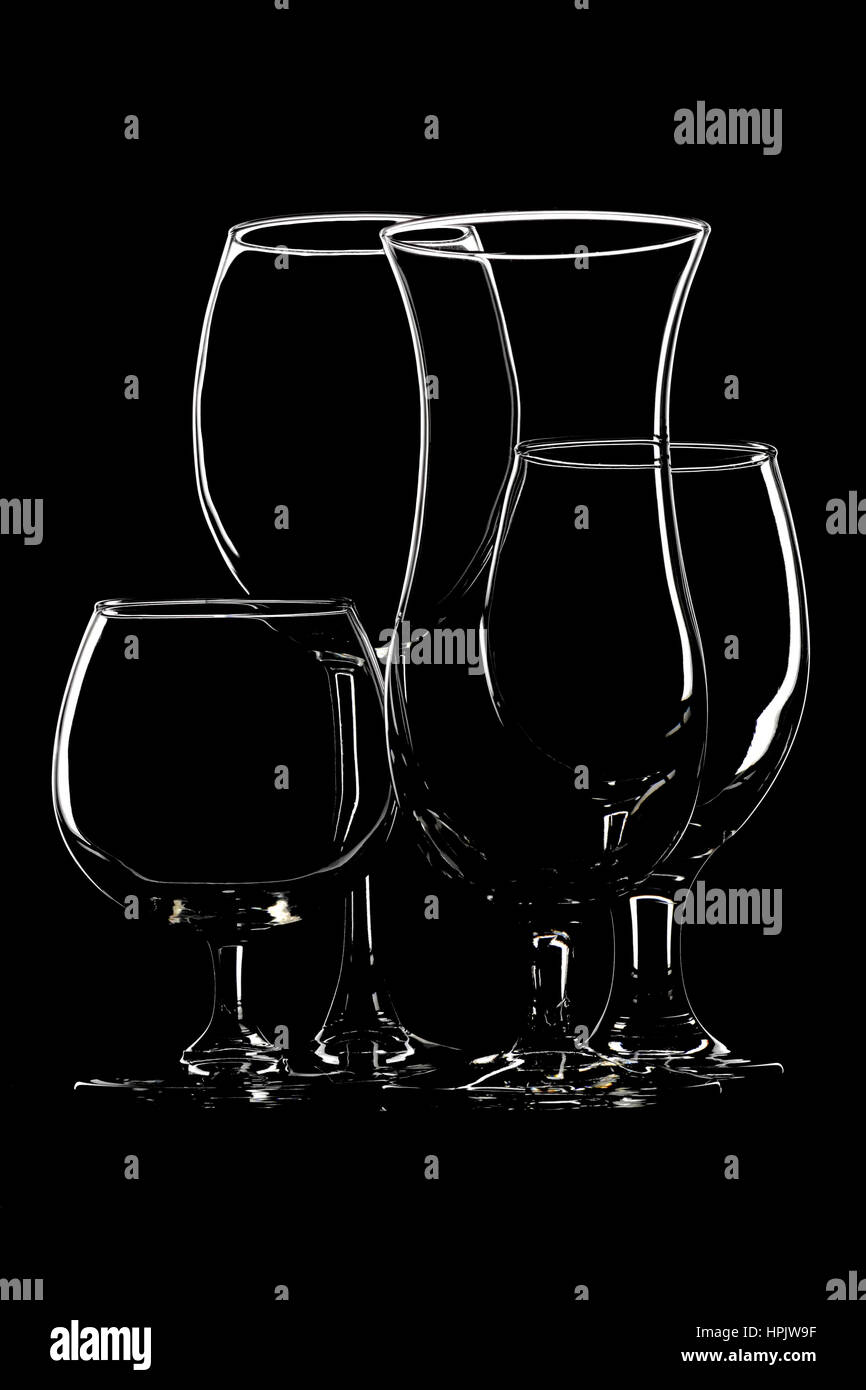 group of cocktail glasses on black background  beverage glassware Stock Photo