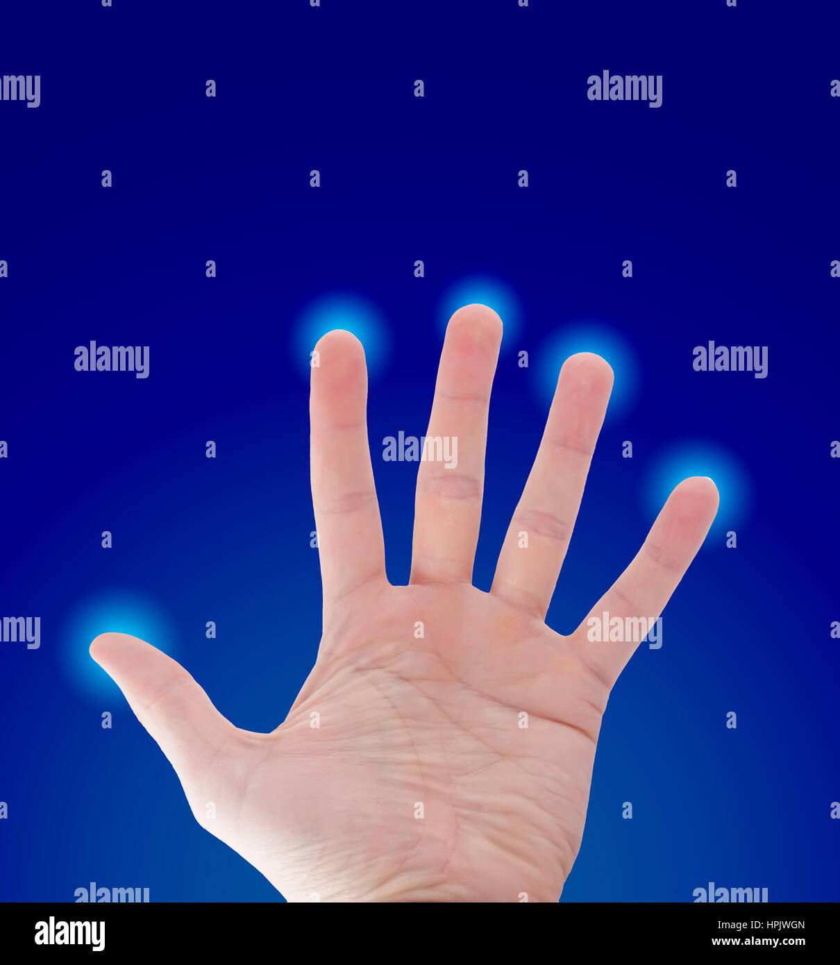 Stop hand sign isolated on blue background Stock Photo