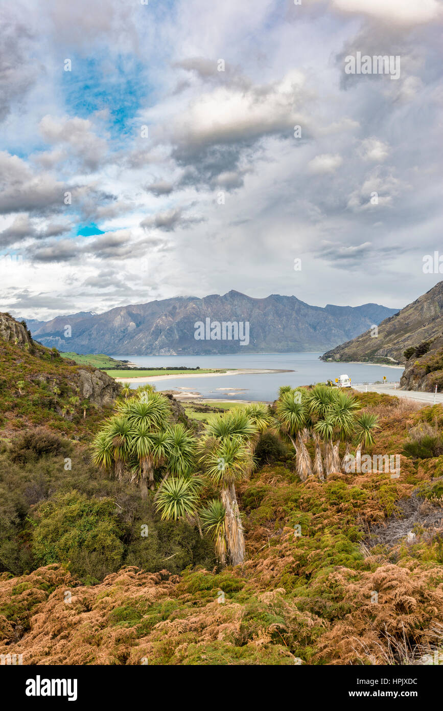 View of mountains and Lake Hawea, The Neck, Otago, Southland, New Zealand Stock Photo