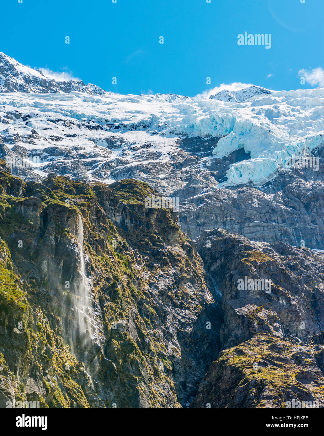 Waterfall, Rob Roy Glacier, Mount Aspiring National Park, Otago, Southland, New Zealand Stock Photo