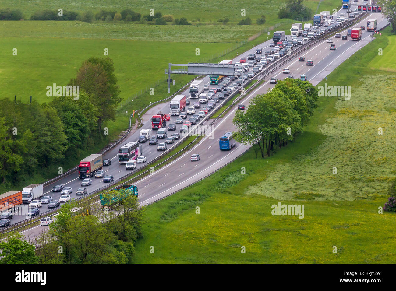 Traffic jam on highway A8, Irschenberg, Upper Bavaria, Bavaria, Germany Stock Photo