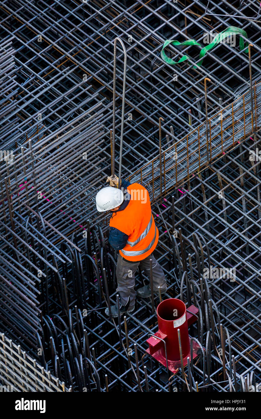 Construction workers processing reinforcing steel for reinforced concrete ceiling, Bavaria, Germany Stock Photo