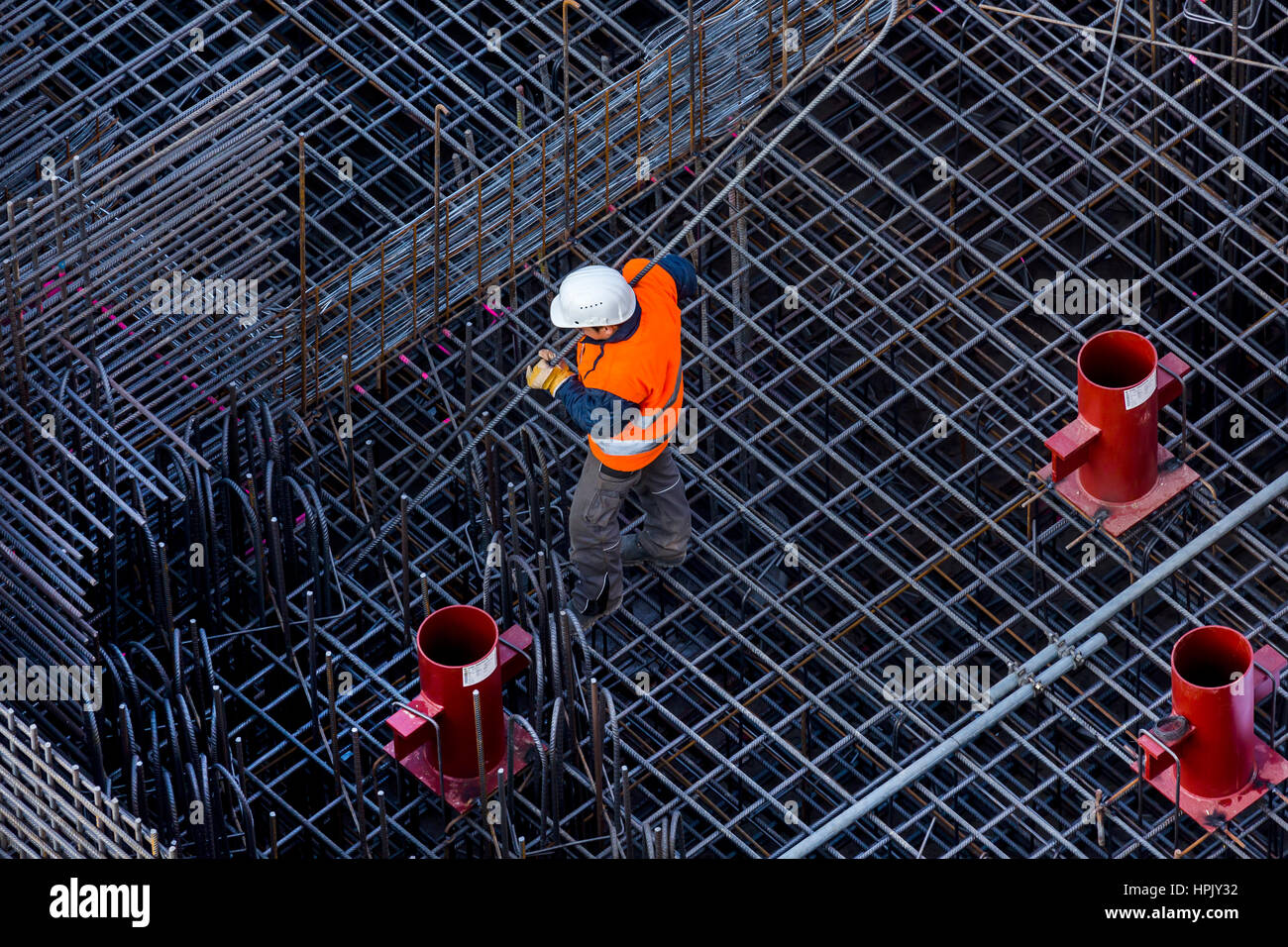 Construction workers processing reinforcing steel for reinforced concrete ceiling, Bavaria, Germany Stock Photo