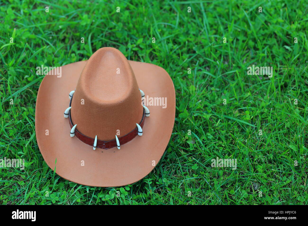 Top view of brown stetson on green grass Stock Photo