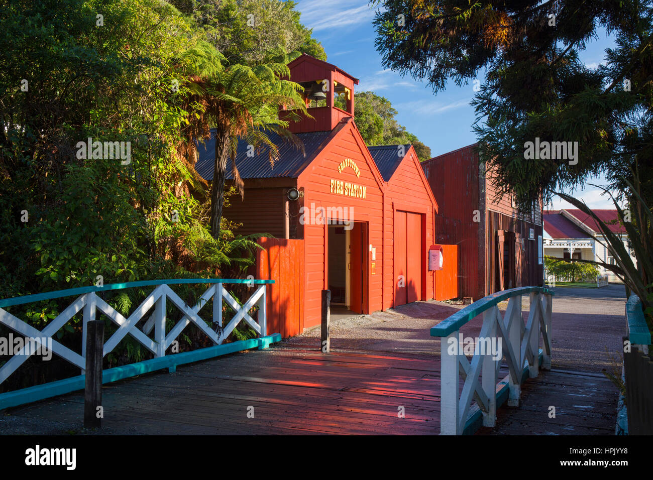 Greymouth, West Coast, New Zealand. Historic fire station at Shantytown, recreation of a 19th century gold-mining settlement. Stock Photo