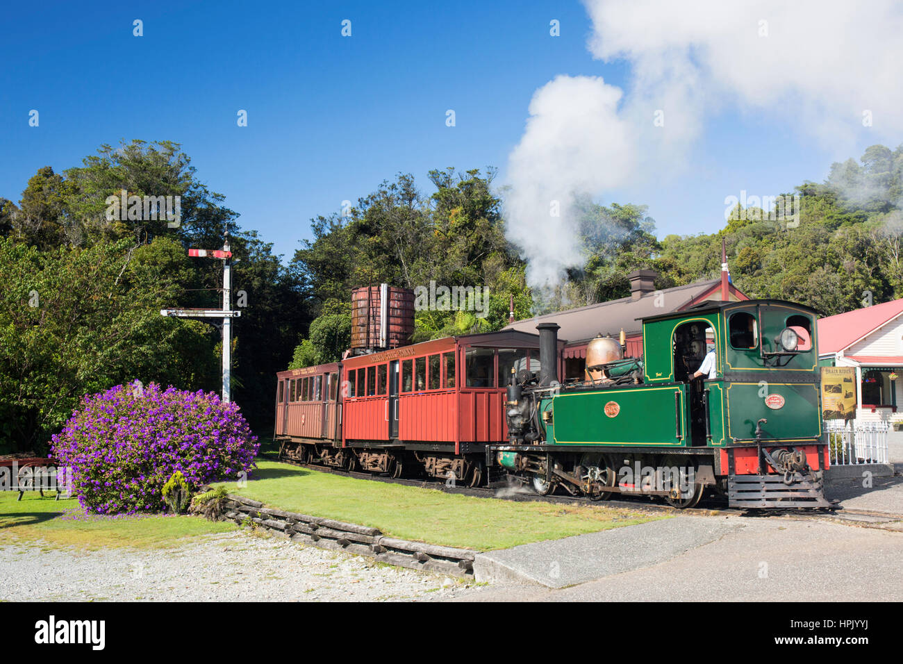 Greymouth, West Coast, New Zealand. Historic steam train at Shantytown, recreation of a 19th century gold-mining settlement. Stock Photo