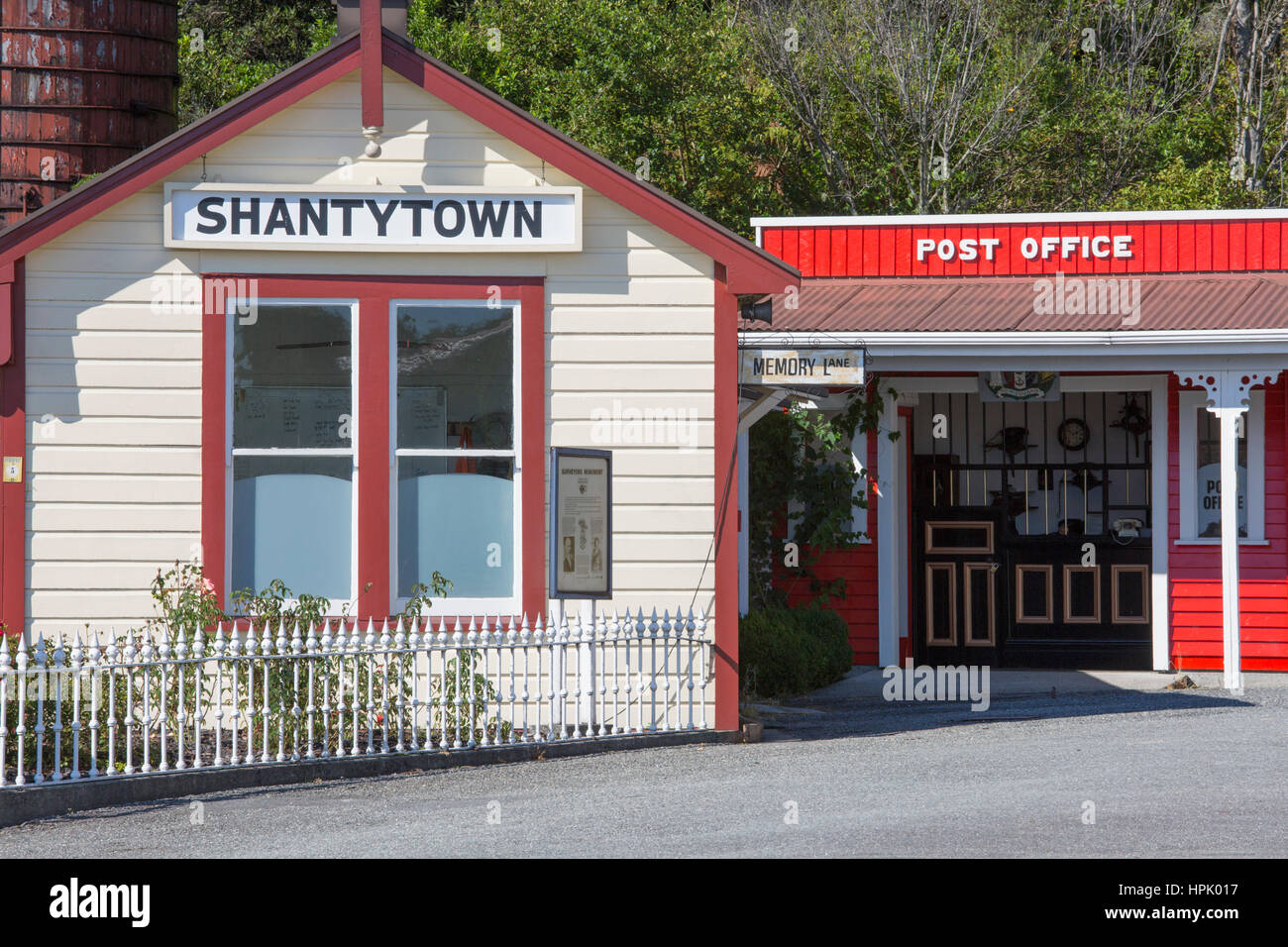 Greymouth, West Coast, New Zealand. Historic station building and post office at Shantytown, recreation of a 19th century gold-mining settlement. Stock Photo