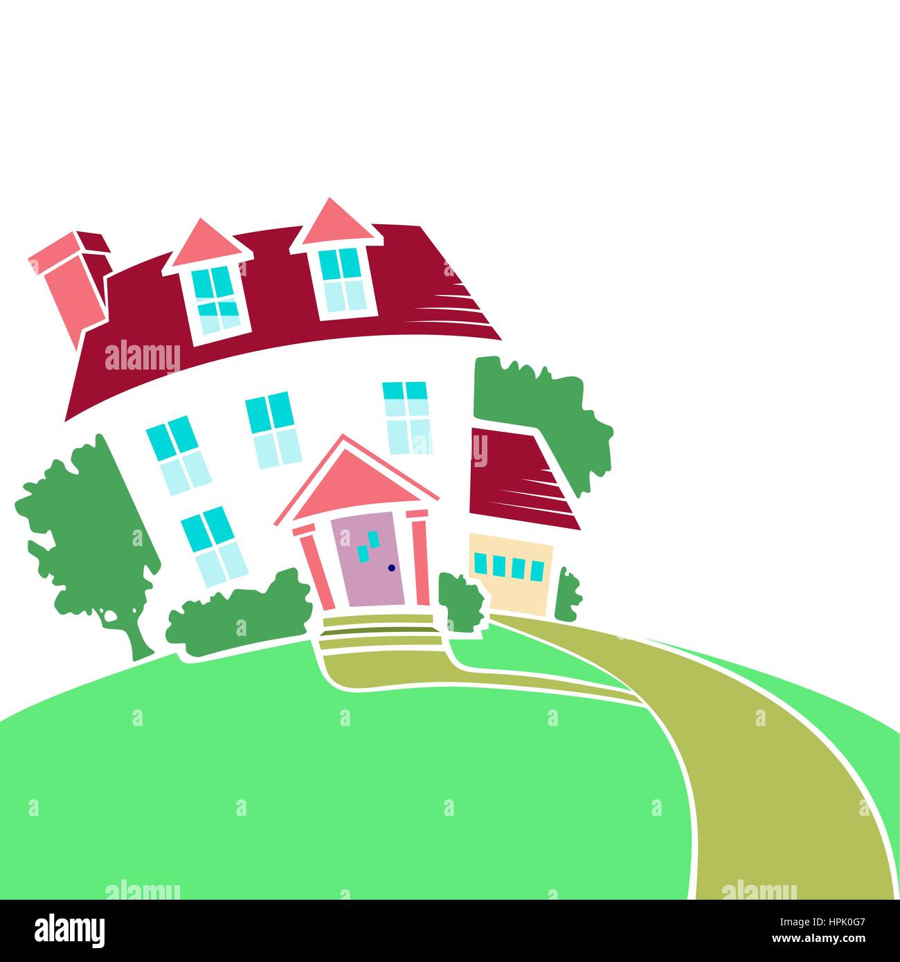 Illustration of a cartoon house on a top of a hill in spring or summer season, inside rounded green landscape Stock Vector