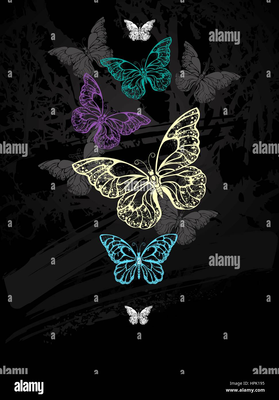 flock of colorful butterflies morpho drawn with chalk on black