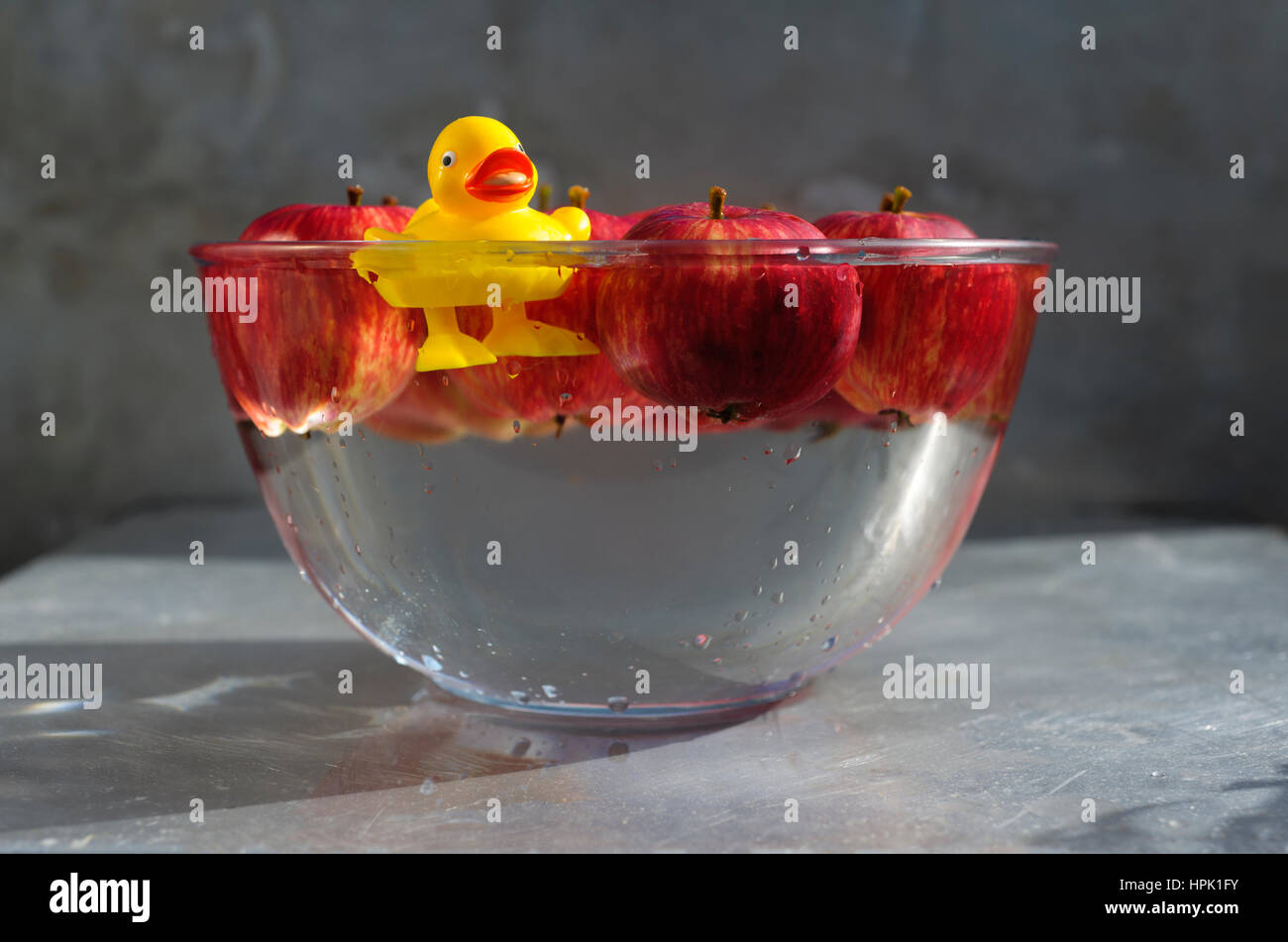 Ducking for Apples. Yellow plastic duck enjoying a good splash about in a bowl of water and red apples. Stock Photo