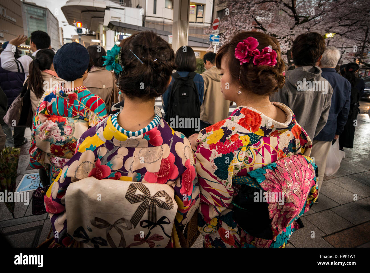Women in Kimono, Japanese traditional costume, in the street of Kyoto, Japan Stock Photo
