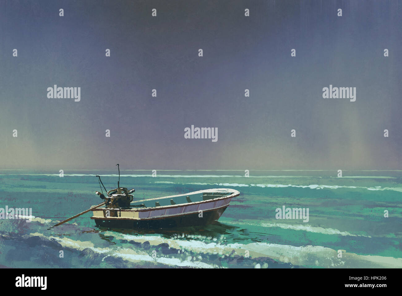 the boat on the sea with grey sky on background,illustration painting Stock Photo