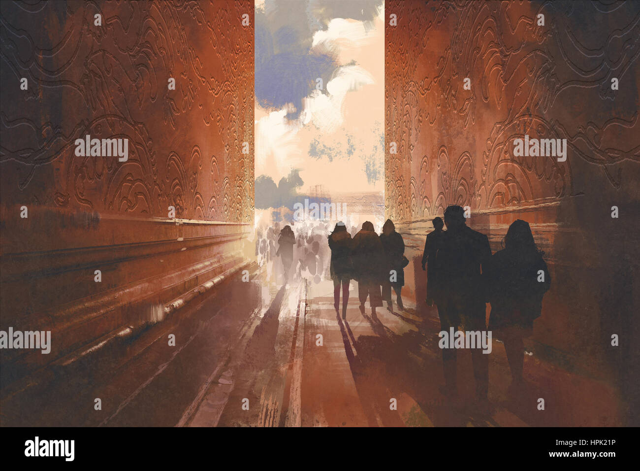 people walking on the narrow alley with graphic pattern on the walls,concept of way to beautiful place,illustration painting Stock Photo