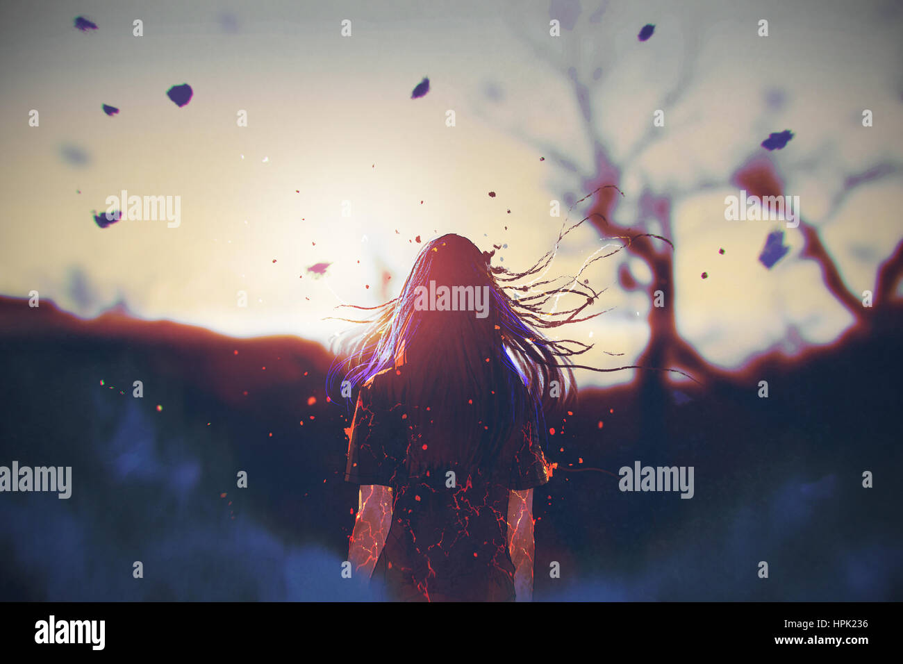 rear view of woman with cracked effect on her body looking the sunrise,illustration painting Stock Photo