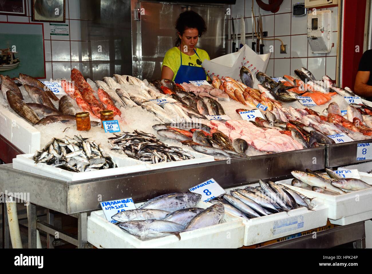 Fresh fish stall at the food market in the city centre, Heraklion