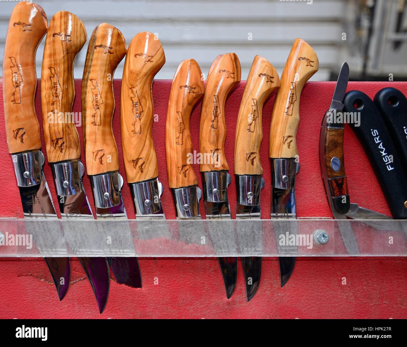 Knives for sale at a city centre shop along Odos 1821, Heraklion, Crete