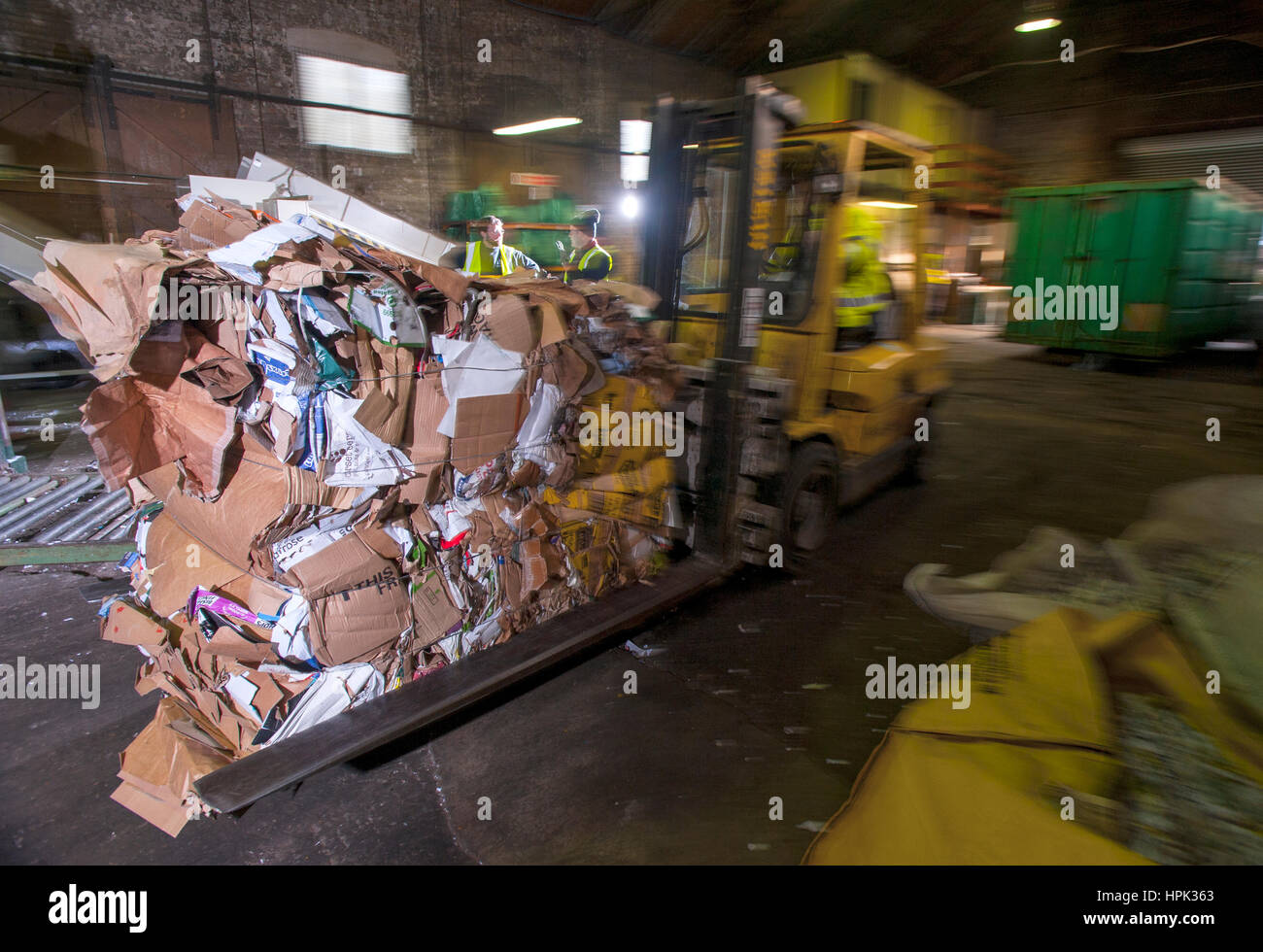 Cardboard and paper bundled for recycling is moved by a forklift at a processing plant Stock Photo