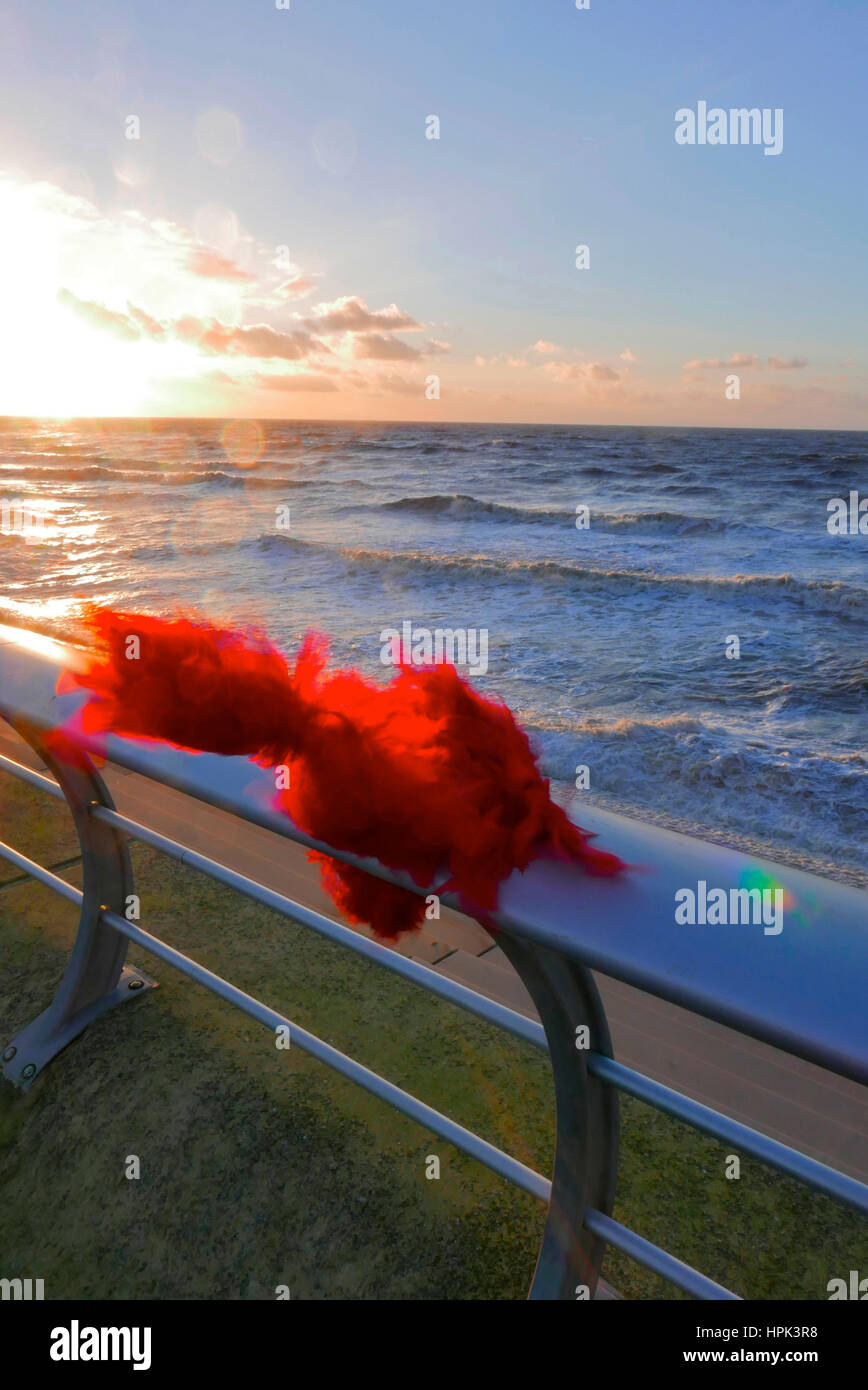Red feather boa attached to railings in front of sea blowing in wind Stock Photo