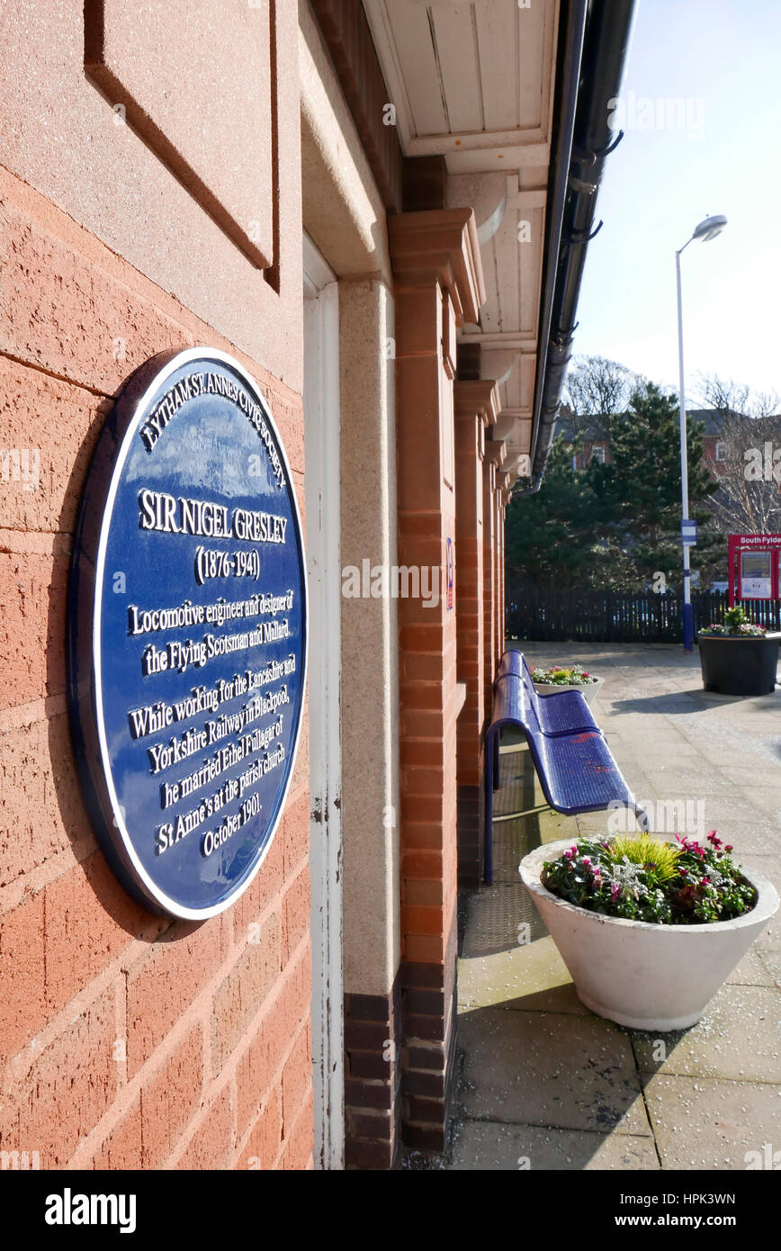 Blue plaque to Sir Nigel Gresley on the wall of St Annes railway station Stock Photo