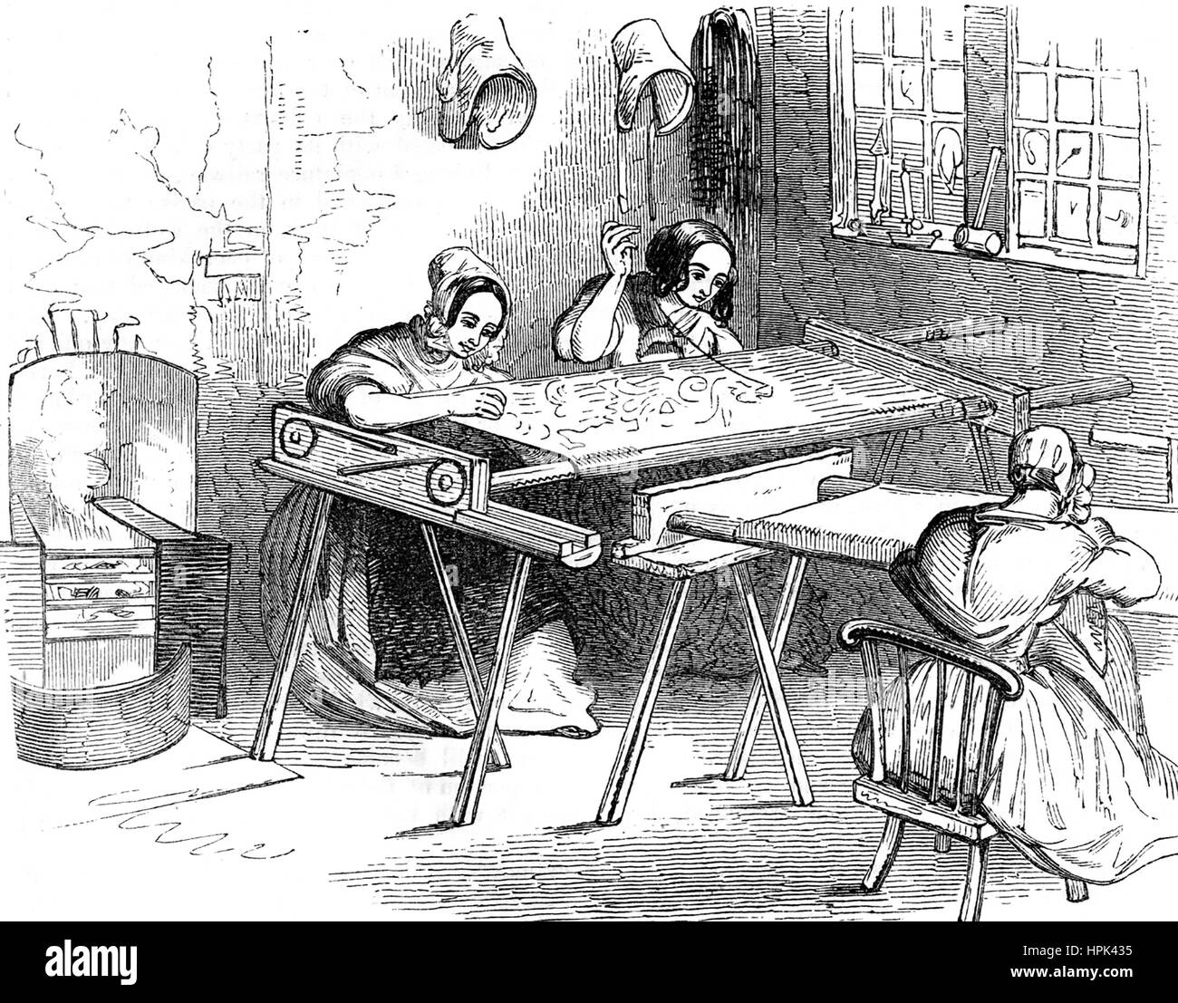 EMBROIDERING NOTTINGHAM LACE about 1850 Stock Photo