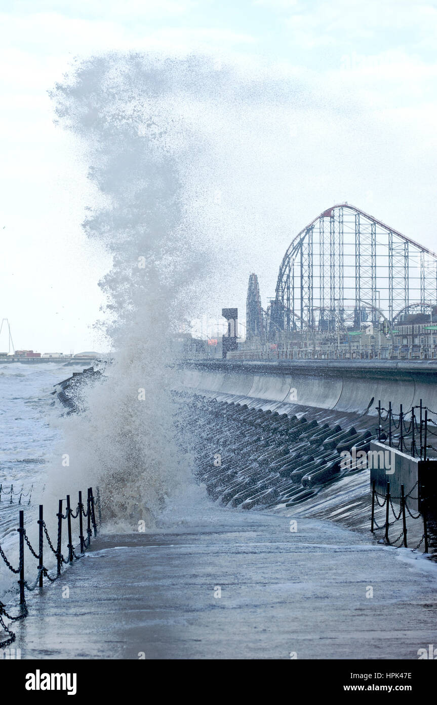 Vertical sea wave hitting Blackpool seafront during storm Stock Photo