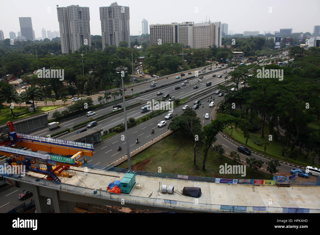 Central Jakarta, Indonesia. 23rd Feb, 2017. An aerial view of Jakarta Interchanges Projects at Semanggi bridge area. Jakarta Interchanges Projects, or known as Semanggi Interchanges Projects is one of the infrastructure projects of Jakarta government as an effort to reduce the traffic congestion in the Capital. Credit: Tubagus Aditya Irawan/Pacific Press/Alamy Live News Stock Photo