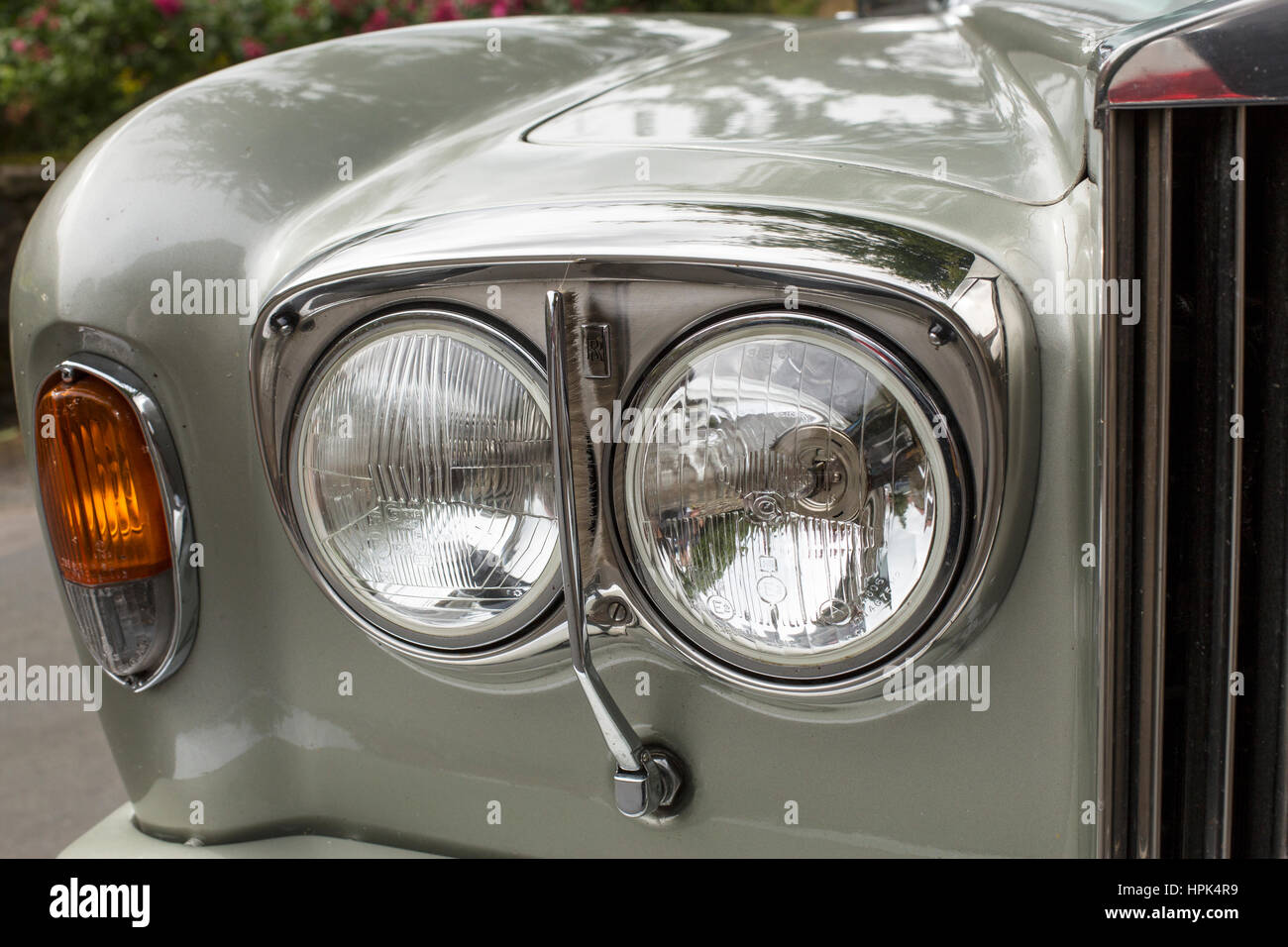 Close up of headlights and wipers of a vintage Rolls Royce Stock Photo