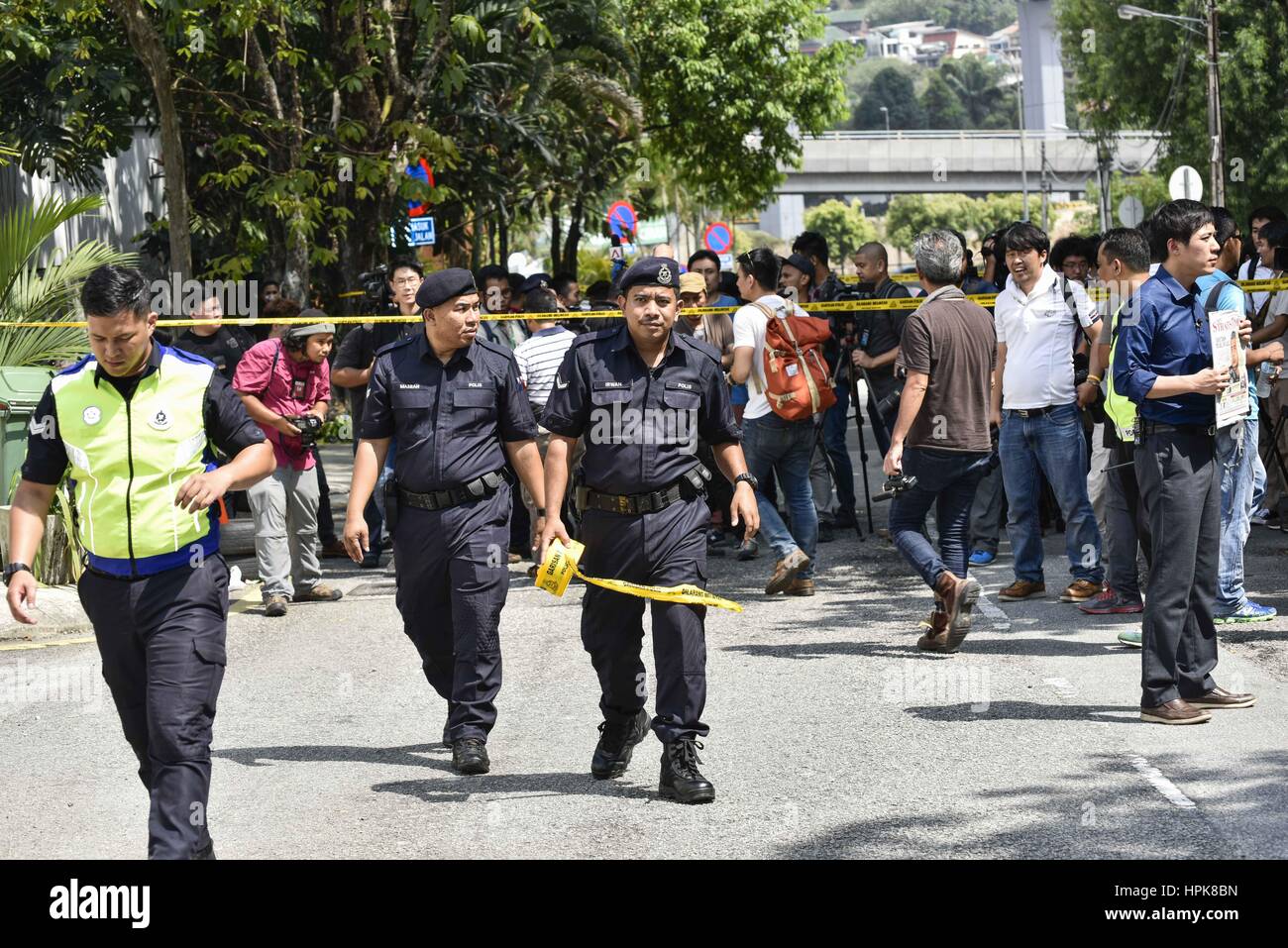 Malaysian police prepare police line in front of the North Korea Embassy on on February 23, 2017 in Kuala Lumpur, Malaysia. 23rd Feb, 2017. According to police there will be protest with local NGO name in KBS about against to North Korean government. Credit: Chris Jung/ZUMA Wire/Alamy Live News Stock Photo