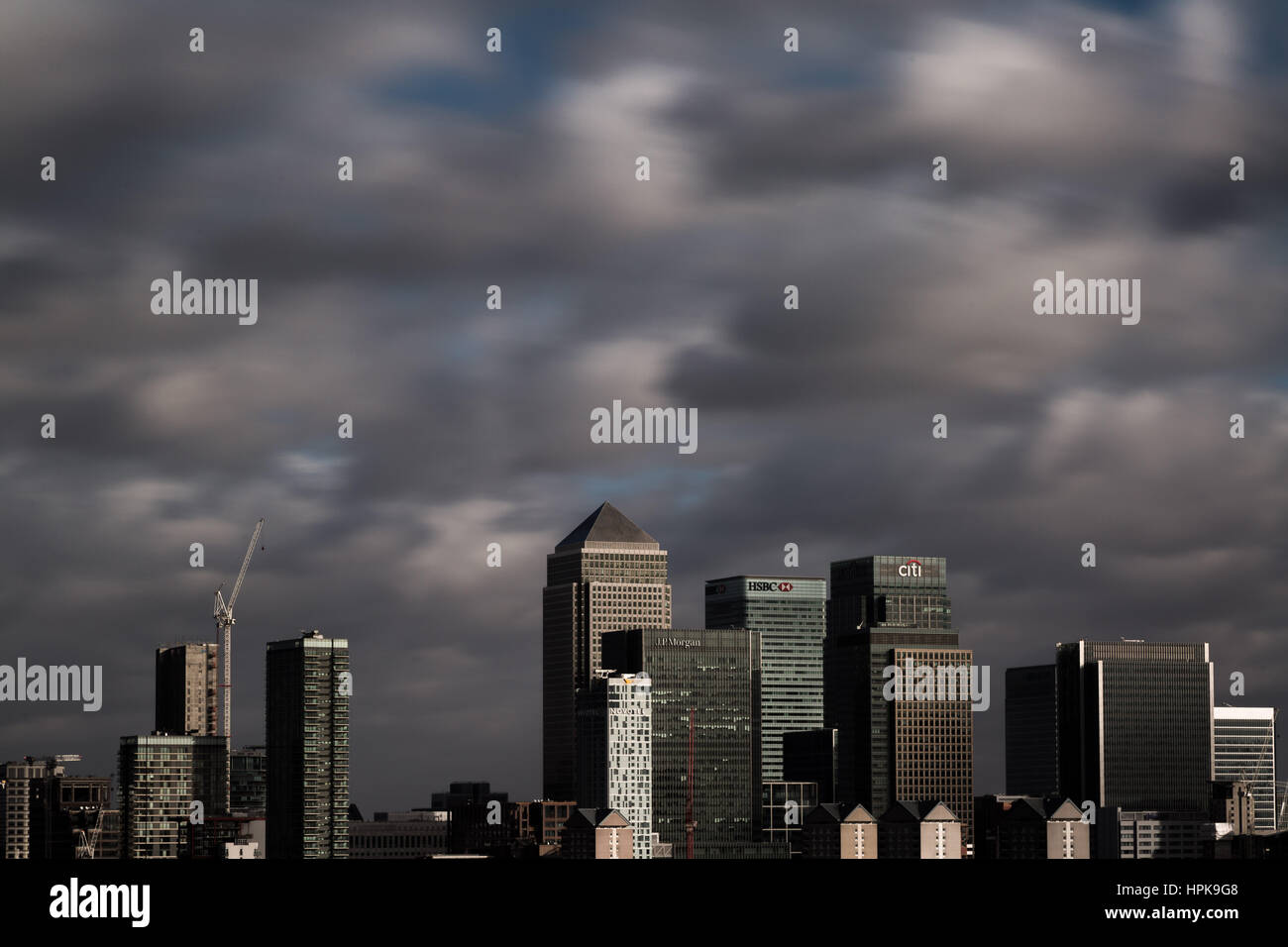 London, UK. 23rd February, 2017. UK Weather: Storm Doris brings fast moving clouds over Canary Wharf, London. Credit: Guy Corbishley/Alamy Live News Stock Photo