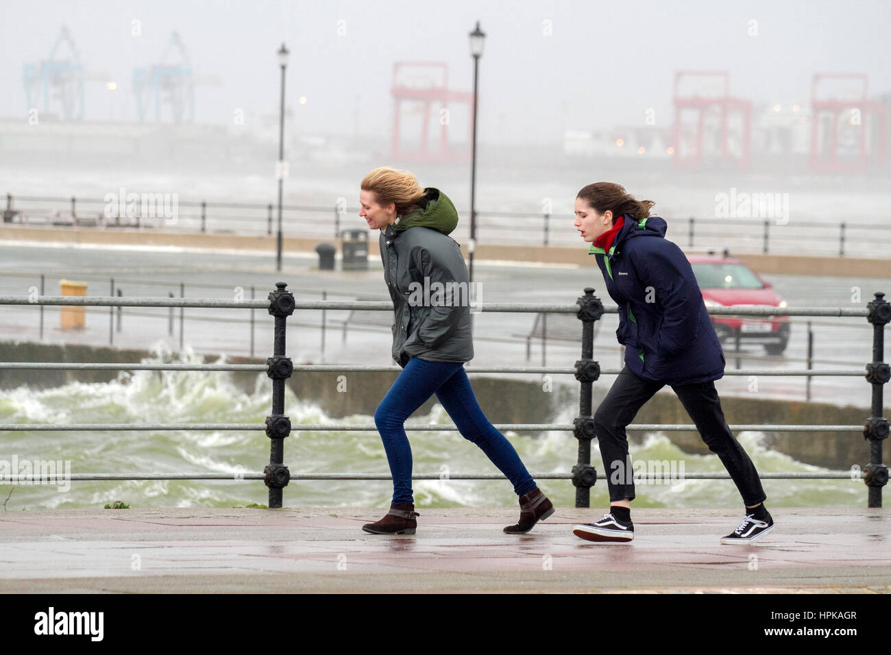 Storm Doris, New Brighton, Cheshire, UK. 23rd Feb, 2017. UK Weather. Storm Doris destroys the Wirral peninsula as she made land this morning.  Winds up to 80mph caused the closure of the Port of Liverpool, cancellations of all ferries & some major roads were closed.  A high tide of over 26' battered the New Brighton Lighthouse on the Wirral peninsula as Doris leaves a trail of destruction along the north west coastline.  Credit: Cernan Elias/Alamy Live News Stock Photo