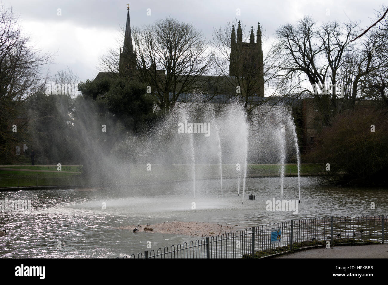 Leamington Spa, Warwickshire, UK. 23rd Feb, 2017. UK. On a day when much of the country is experiencing extreme windy weather, the normally columnar ornamental fountains in Jephson Gardens, Leamington Spa, are turned into impressive displays of mist. Credit: Colin Underhill/Alamy Live News Stock Photo