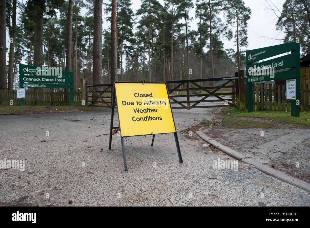 Staffordshire, West Midlands. 23rd Feb, 2017. UK Weather. Storm Doris batters Staffordshire in the West Midlands. Cannock Chase Forest is closed to the public due to the high winds. The car park at Birches Valley displays a closed sign. Credit: Richard Grange/Alamy Live News Stock Photo