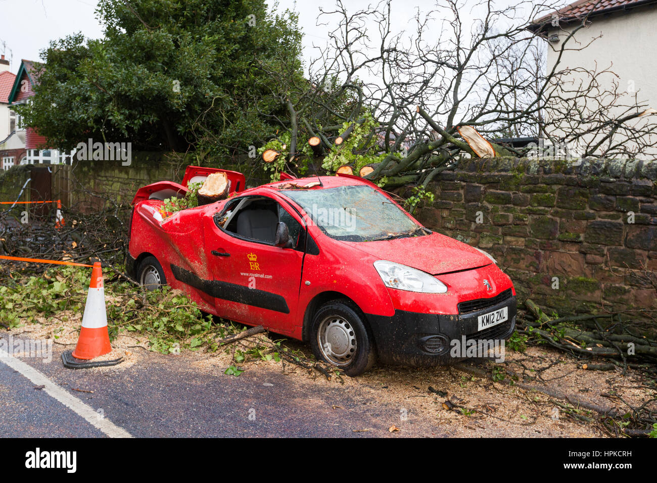 Liverpool, UK. 23rd Feb, 2017. A tree fell onto an unoccupied Royal Mail van on Thursday, February 23, 2017 on St Anne's Road in Aigburth, Liverpool as Storm Doris batters the UK. Credit: Christopher Middleton/Alamy Live News Stock Photo