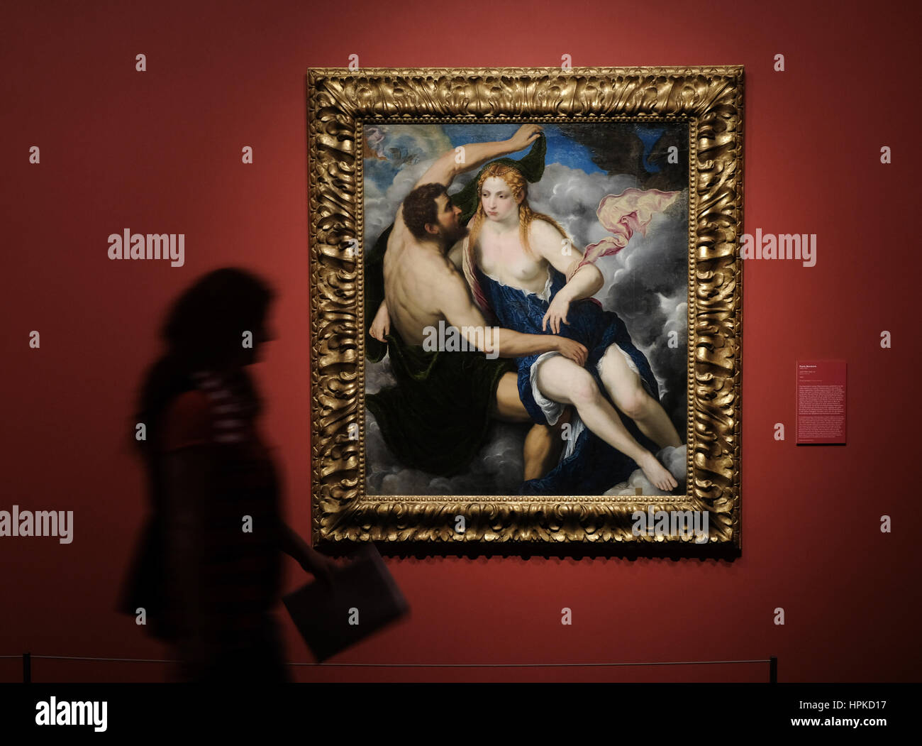 A woman looks at works of art on display as part of an exhibition entitled 'The Poetry of Venetian Painting' in Hamburg, Germany, 23 February 2017. The exhibition will feature the work of artists such as Paris Bordone, Palma il Vecchio and Tizian. The show opens on the 24.02.17 and runs to the 21.05.17. Photo: Axel Heimken/dpa Stock Photo