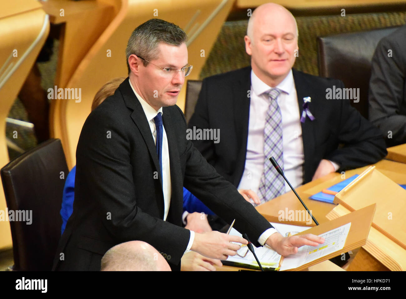 Edinburgh, Scotland, UK. 23rd Feb, 2017. Finance Secretary Derek Mackay speaking during the Stage Three debate on the Scottish budget, Credit: Ken Jack/Alamy Live News Stock Photo