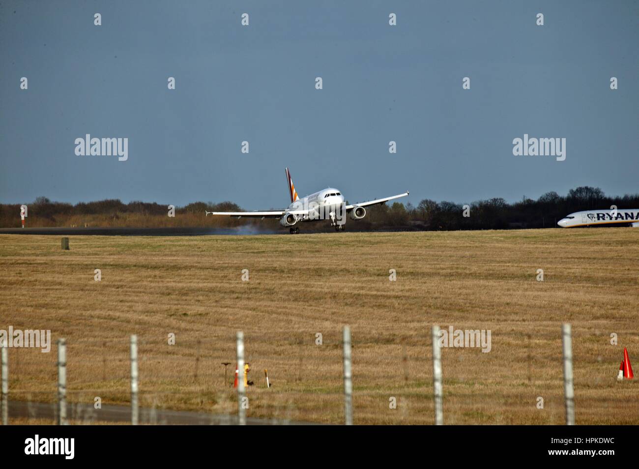 German Wings aircraft Landing in crosswinds at Stansted Airport during Storm Doris Stock Photo