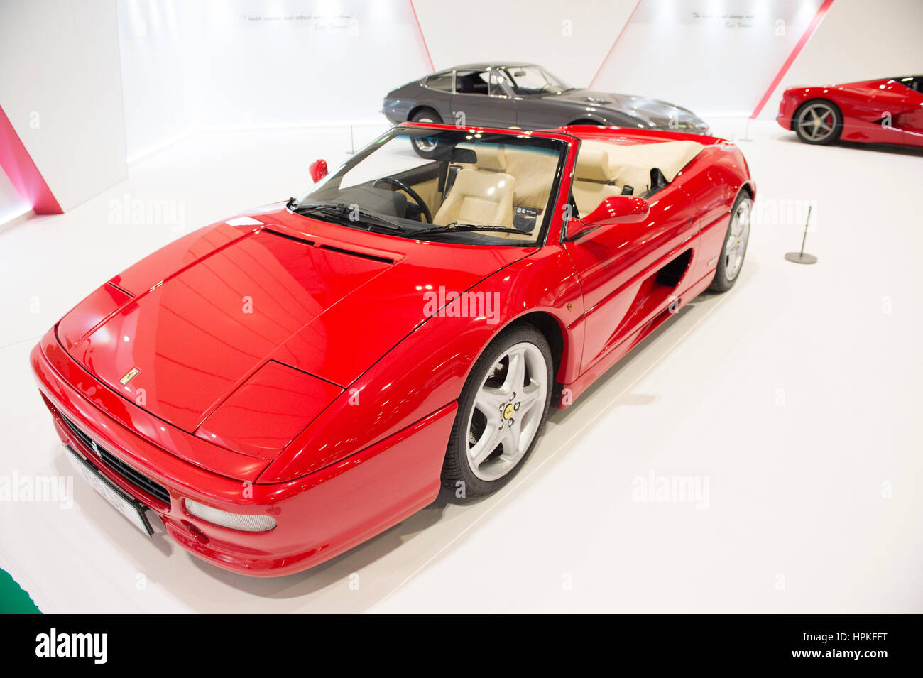 ExCel, London, UK. 23rd February, 2017. Major feature of the 2017 Classic Car Show is a display of 20 iconic Ferrari cars with estimated worth of more than £120 million, photo: 1995 Ferrari F355 Spider open top V8. Credit: Malcolm Park editorial/Alamy Live News. Stock Photo