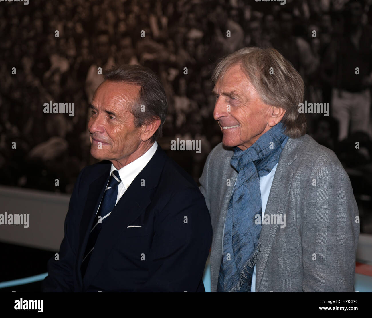 Photo call with Jacky Ickx and Derek Bell, at the Ickx Icon Collection. at the 2017 London Classic Car Show. Stock Photo