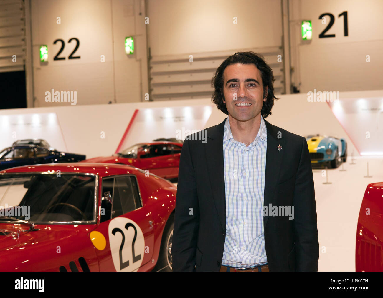 Three time Indy 500 winner, Dario Franchitti, opens the Ferrari Tribute Collection, at the 2017,  London Classic Car Show. Stock Photo