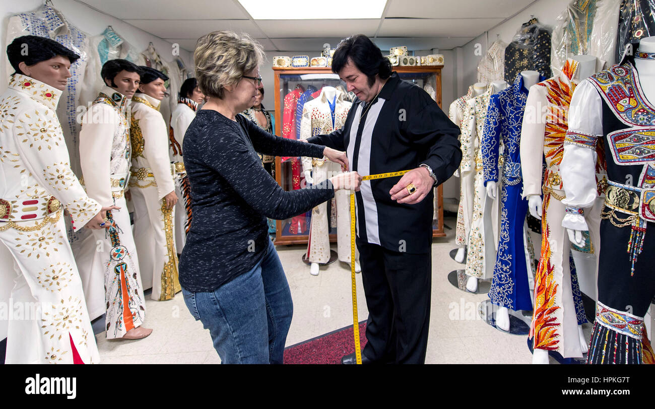 Charlestown, Indiana, USA. 23rd Feb, 2017. KIM POLSTON fits Elvis tribute  artist DAVE STOVALL for a new jumpsuit at B\u0026K Enterprises. In business  since 1980, B\u0026K manufactures Elvis Presley's original design jumpsuits, image size:1300x812