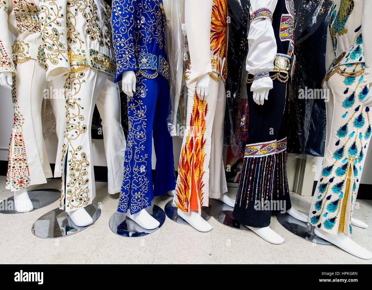 Charlestown, Indiana, USA. 23rd Feb, 2017. Mannequins wear Elvis jumpsuits  in the fitting room at B\u0026K Enterprises. In business since 1980, B\u0026K  manufactures Elvis Presley's original design jumpsuits for Elvis tribute  artists,, image size:1300x1015