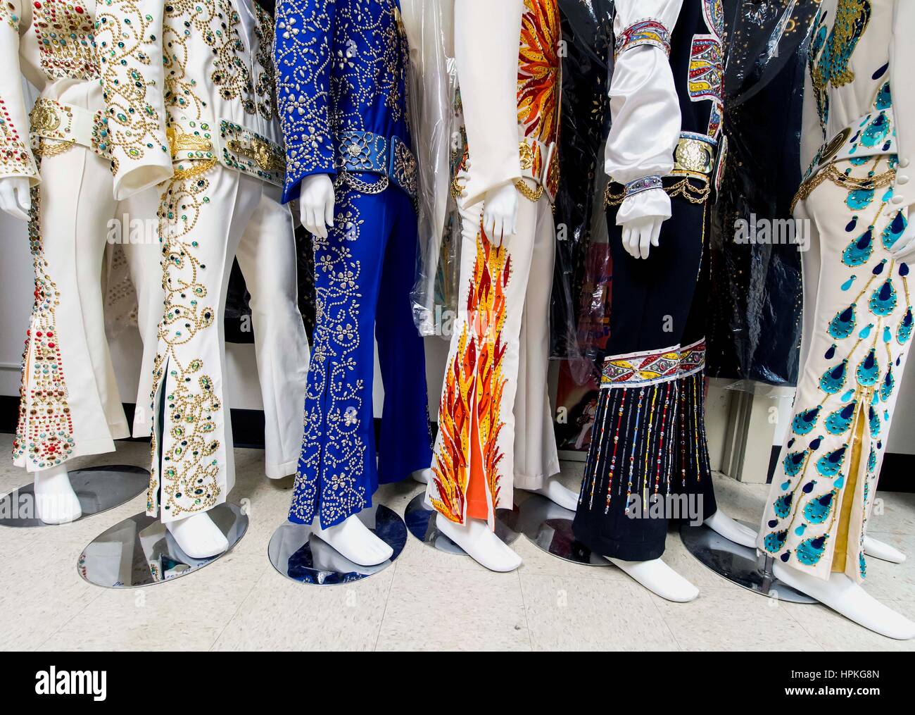 Charlestown, Indiana, USA. 23rd Feb, 2017. Mannequins wear Elvis jumpsuits  in the fitting room at B&K Enterprises. In business since 1980, B&K  manufactures Elvis Presley's original design jumpsuits for Elvis tribute  artists,